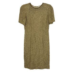 Vintage AJ Bari Size 6 Gold Fully Beaded Short Sleeve Silk Sheath Dress Regency